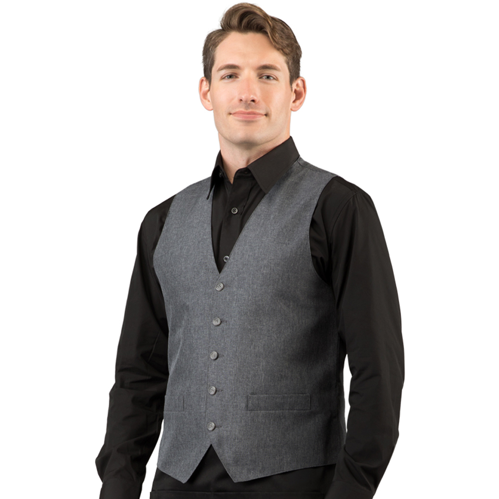 VES1311-Heather Charcoal Bistro Vest _Model Angle