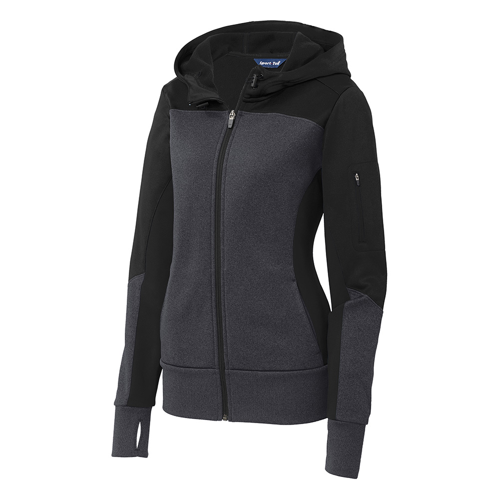 SWLST245_Full-Zip Hooded Jacket_blckgrphththrBlack_Sport-Tek® Ladies Tech Fleece Colorblock