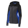 SWLST245_Full-Zip Women's Hooded Jacket_blckgrphththrTrue Royal_Sport-Tek® Tech Fleece Colorblock
