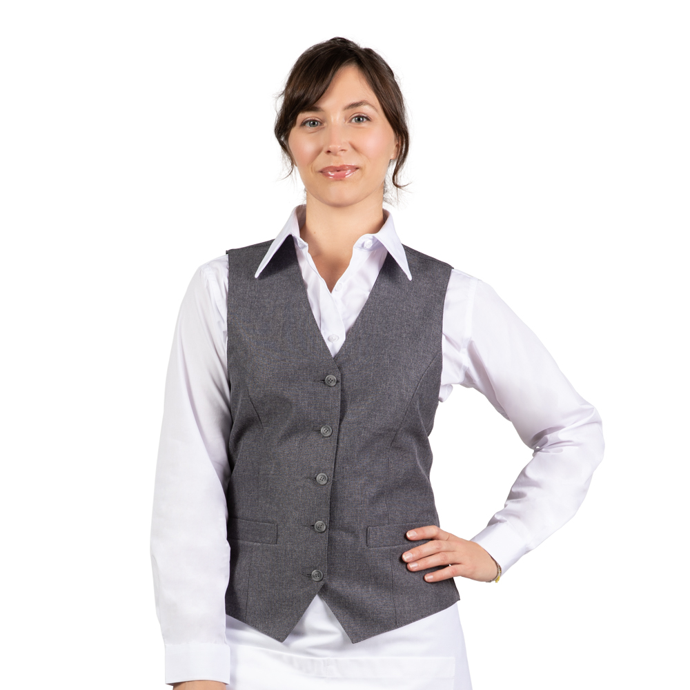 VES1312-Women's Bistro Vest_HeatherCharcoal_ModelFront