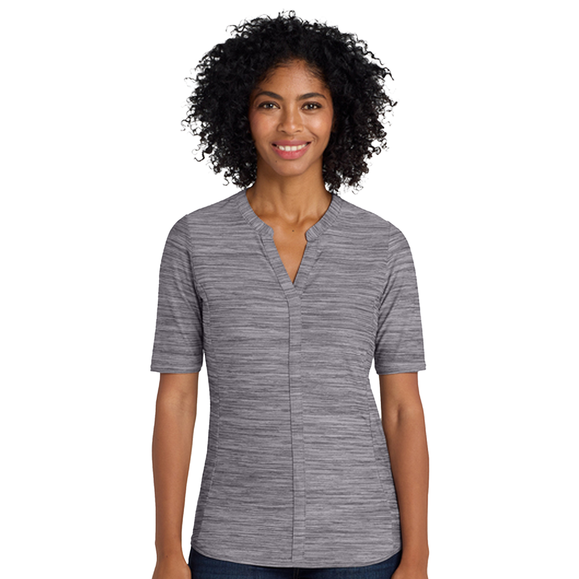 SHILK583_front_graphite_white_Women's Stretch Heather Open Neck Top
