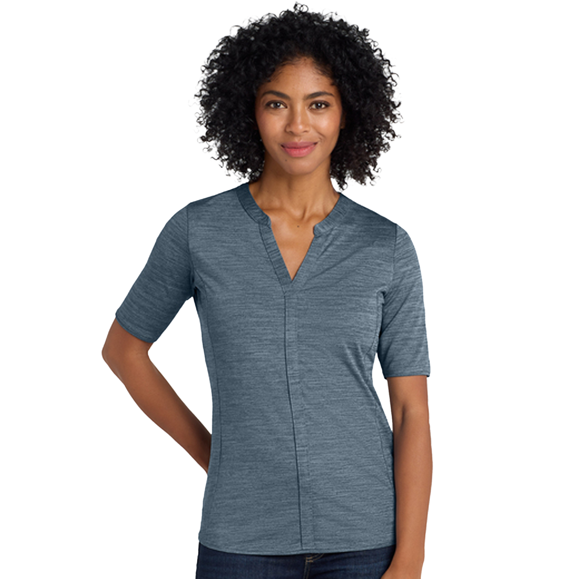 SHILK583_front_regattablue_gustygrey_Women's Stretch Heather Open Neck Top