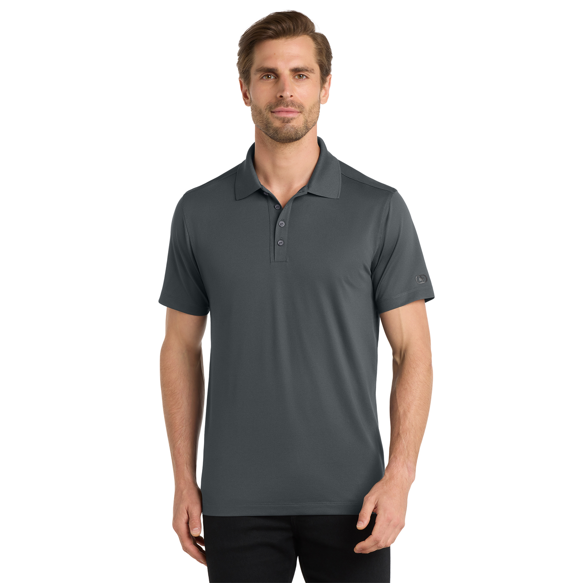 Man wearing a dark gray polo shirt, standing against a white background (upper body only).