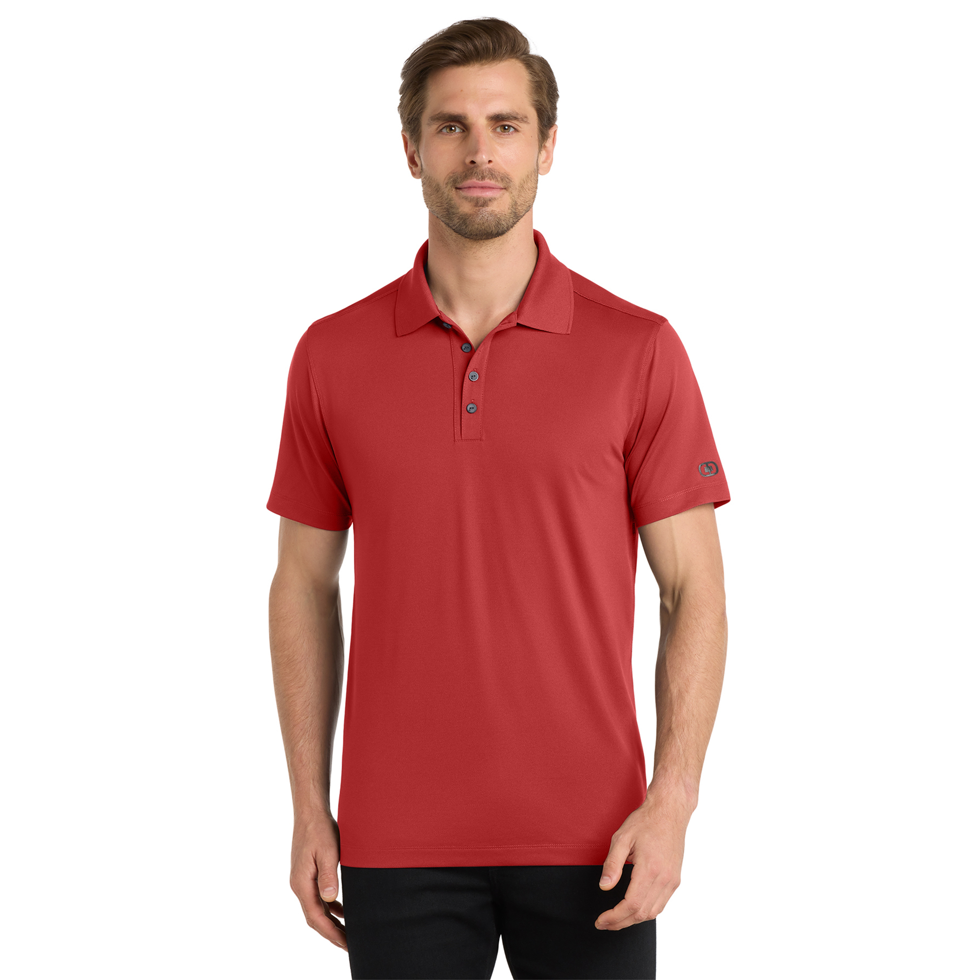 Man wearing a red polo shirt, facing the camera against a white background.