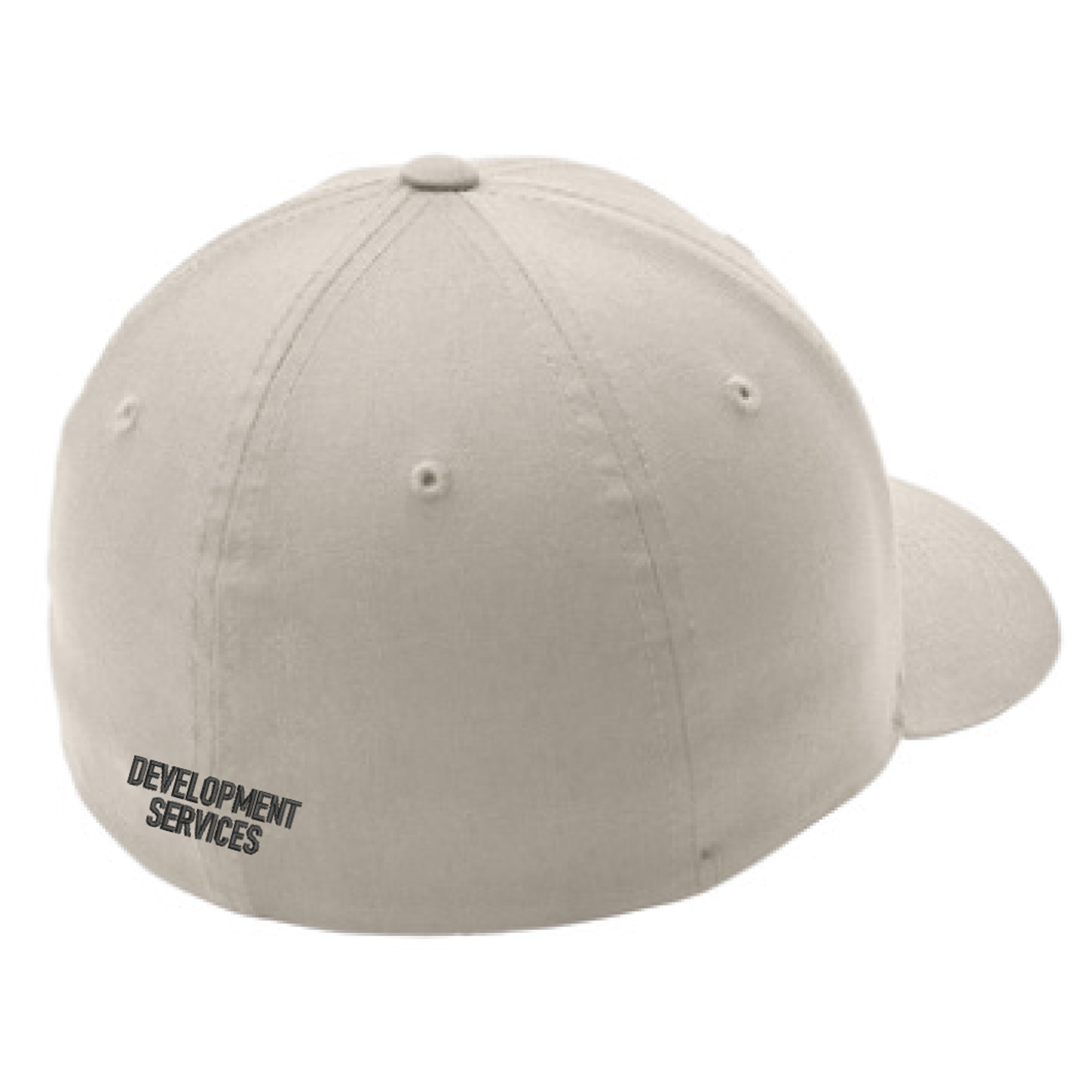 Beige baseball cap close-up, showing stitched panels and the text 'DEVELOPMENT SERVICES' on the back