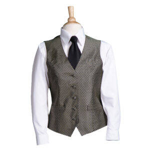 Mannequin bust wearing a white dress shirt, black patterned vest, and black tie with a wooden neck block visible