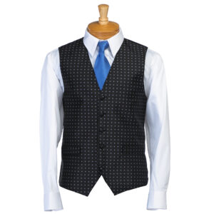 Mannequin torso wearing a white dress shirt with a blue tie and a black dotted waistcoat on a dress form.