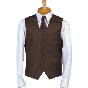 Mannequin wearing white shirt, brown waistcoat, and striped brown tie; neutral white background.