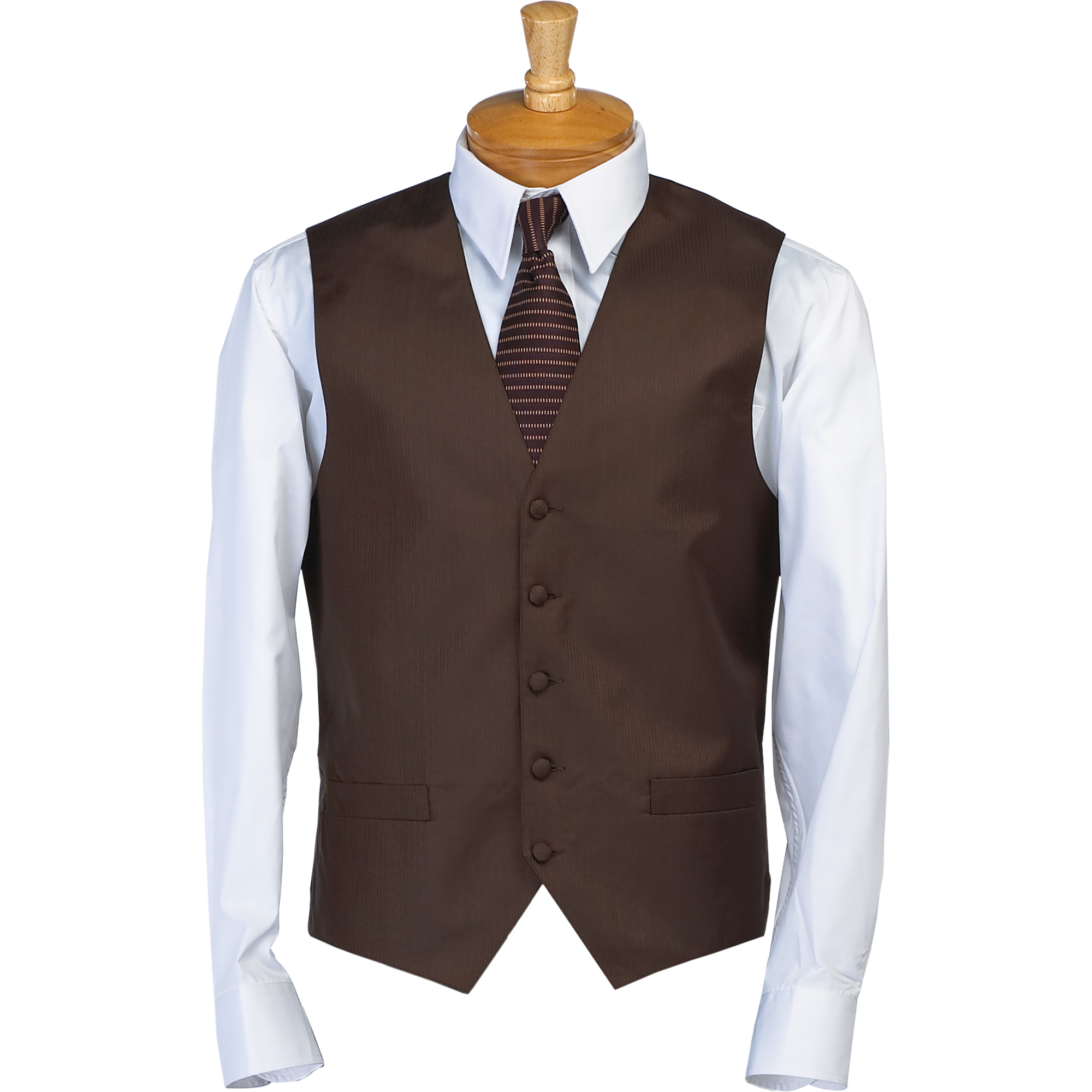 Mannequin wearing white shirt, brown waistcoat, and striped brown tie; neutral white background.