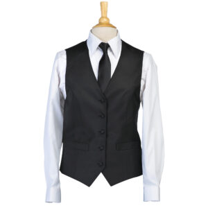 Mannequin wearing SHI1202W-white point collar dress shirt with VES1302-black Bistro Vest and TIE8001- black Skinny tie.