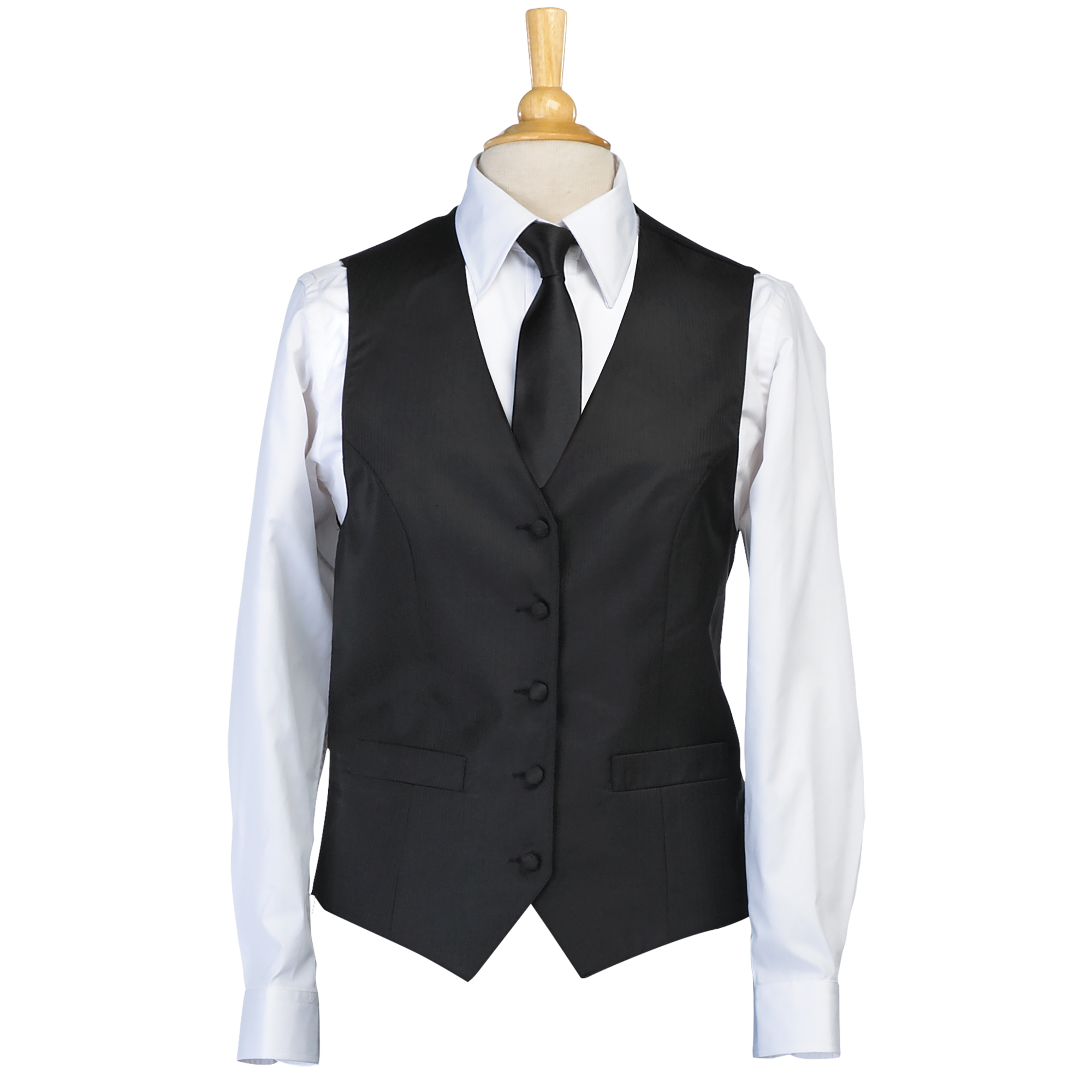 Mannequin wearing SHI1202W-white point collar dress shirt with VES1302-black Bistro Vest and TIE8001- black Skinny tie.
