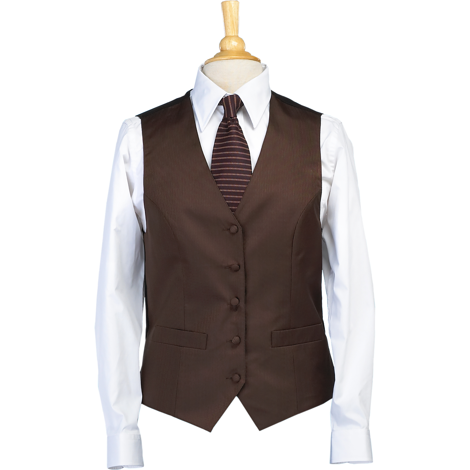 Mannequin torso in a white dress shirt, brown waistcoat, and striped brown tie on a dress form.