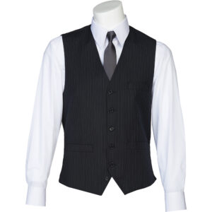 Mannequin torso wearing a white dress shirt with a black pinstripe waistcoat and a dark tie.
