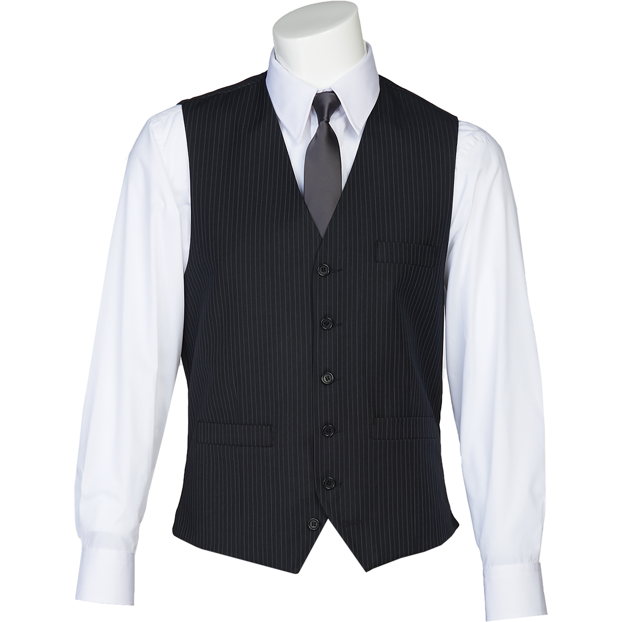 Mannequin torso wearing a white dress shirt with a black pinstripe waistcoat and a dark tie.