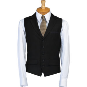 Mannequin torso wearing a white dress shirt with a black waistcoat and a beige patterned tie.