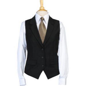 Mannequin torso wearing a white dress shirt with a black waistcoat and a beige patterned tie