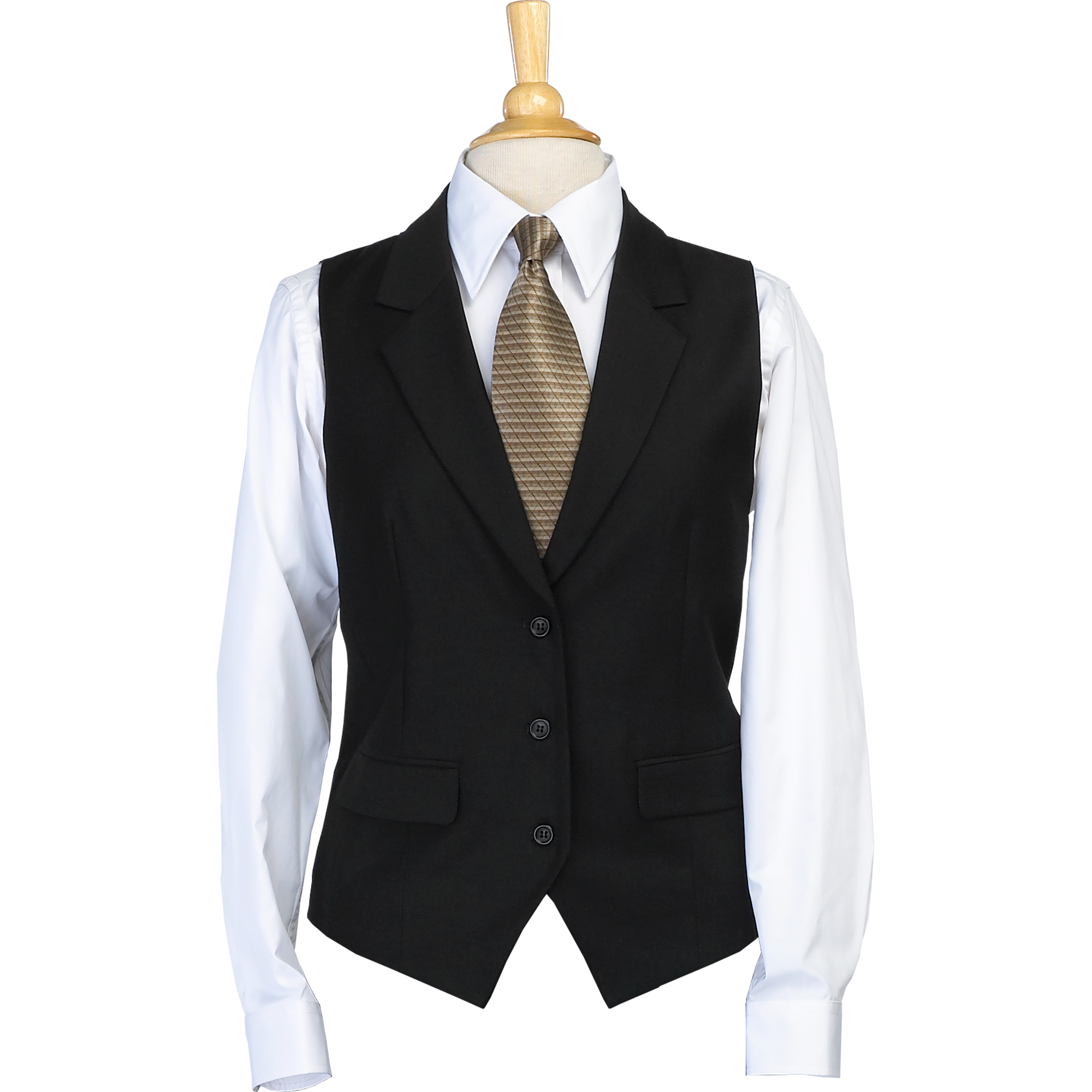 Mannequin torso wearing a white dress shirt with a black waistcoat and a beige patterned tie