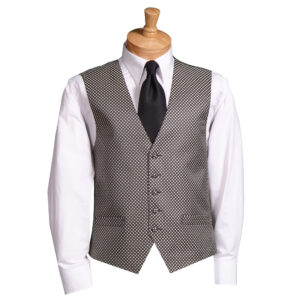 Mannequin wearing a white dress shirt with a black-and-white diamond-patterned waistcoat and a black tie.
