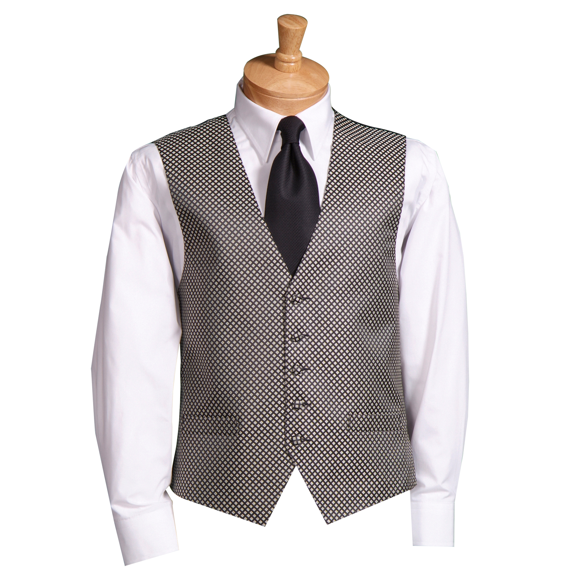Mannequin wearing a white dress shirt with a black-and-white diamond-patterned waistcoat and a black tie.