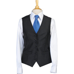 Mannequin torso wearing a white dress shirt with a navy dotted waistcoat and a blue tie, product shot