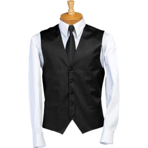 Mannequin torso wearing a white dress shirt with a black pinstripe waistcoat and black tie, on a white background