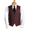 Mannequin wearing a white shirt, burgundy vest, and black tie on a dress form, cropped image