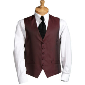 Mannequin wearing a white shirt, burgundy vest, and black tie on a dress form, cropped image