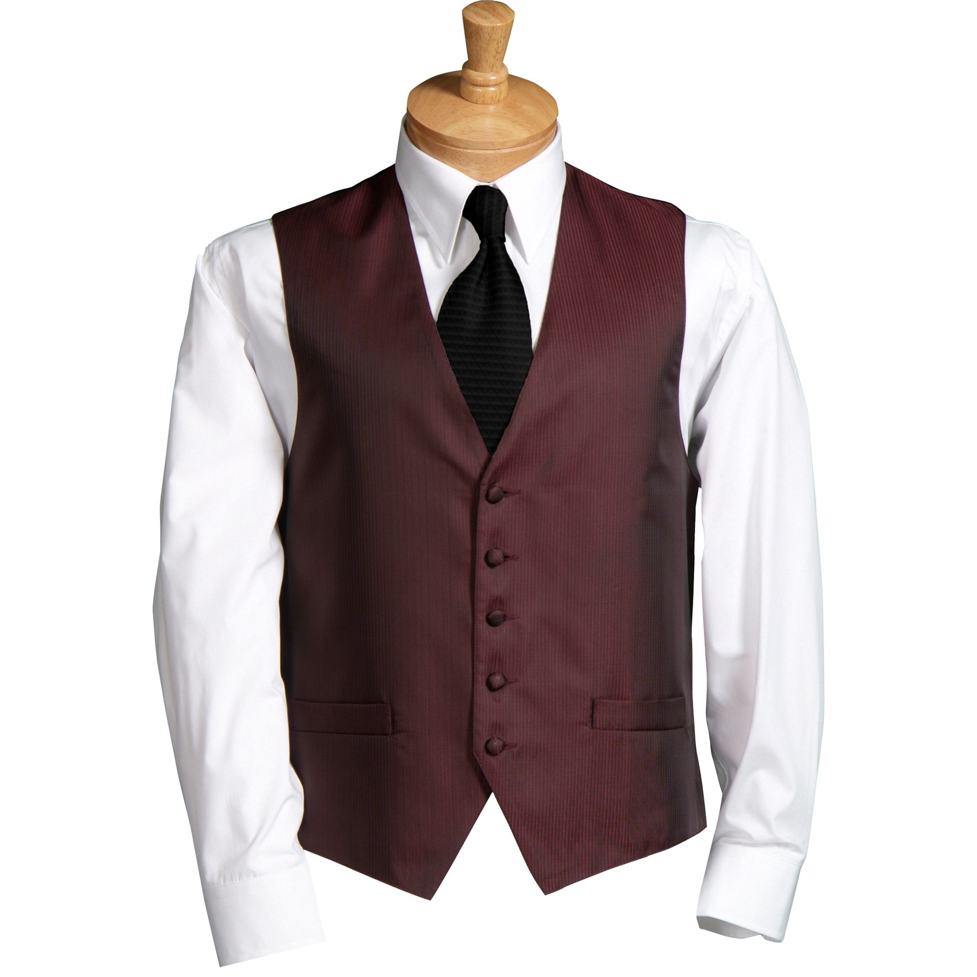 Mannequin wearing a white shirt, burgundy vest, and black tie on a dress form, cropped image