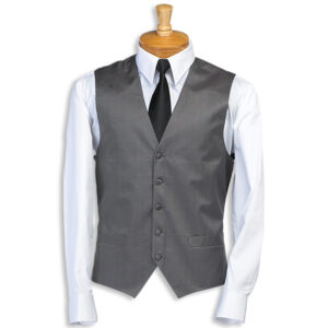 Mannequin wearing a grey waistcoat over a white dress shirt and black tie, front view.