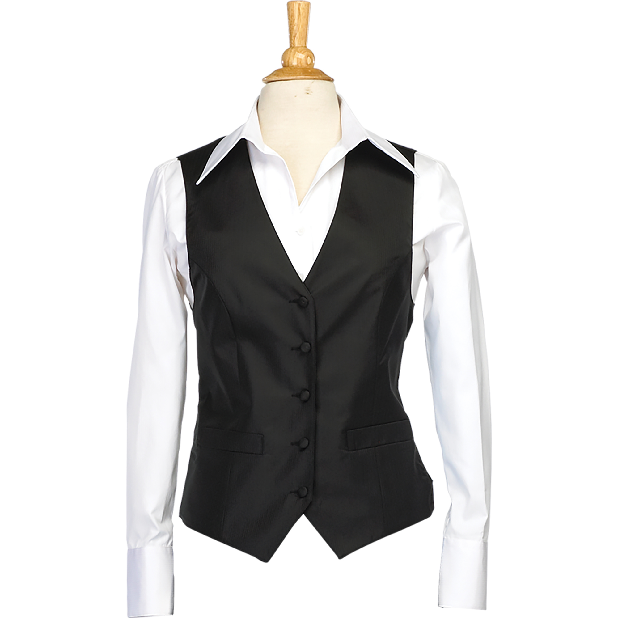 Mannequin torso wearing a white dress shirt with a black waistcoat vest and pointed front hem, front view