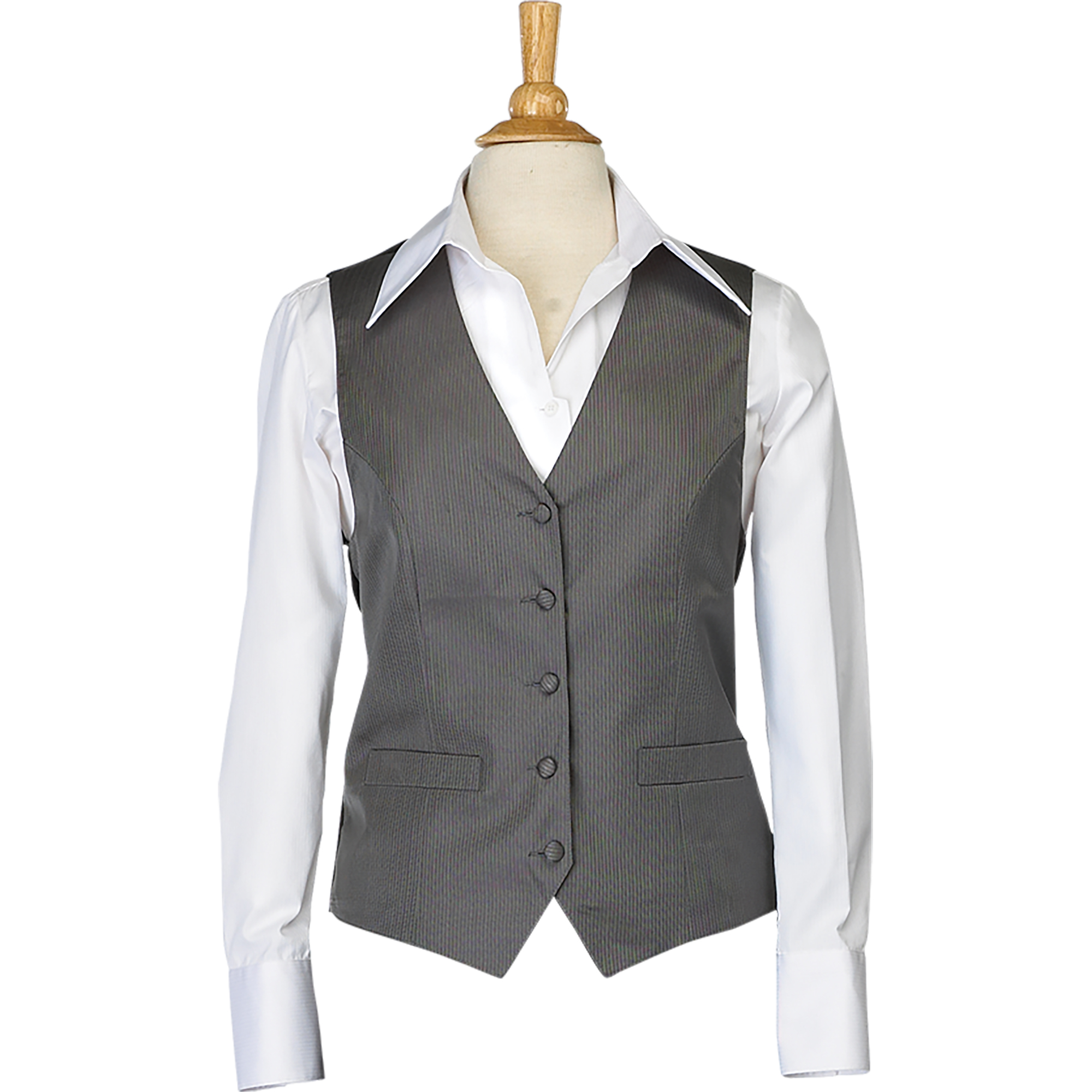 Mannequin torso wearing a white dress shirt with a gray pinstripe waistcoat.