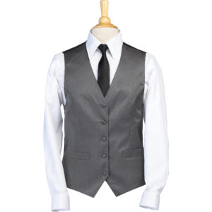Mannequin torso in a white dress shirt, gray pinstripe vest, and black tie, headless on a wooden stand