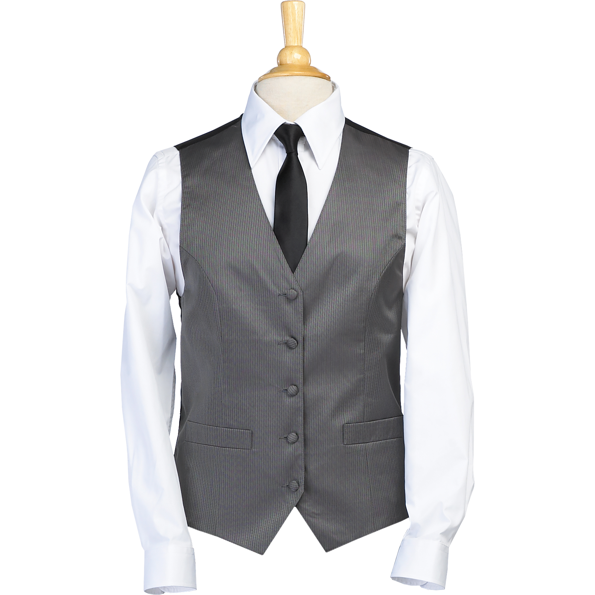 Mannequin torso in a white dress shirt, gray pinstripe vest, and black tie, headless on a wooden stand