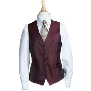 Mannequin torso wearing a white dress shirt, burgundy vest, and patterned tie, without a head against a white background.