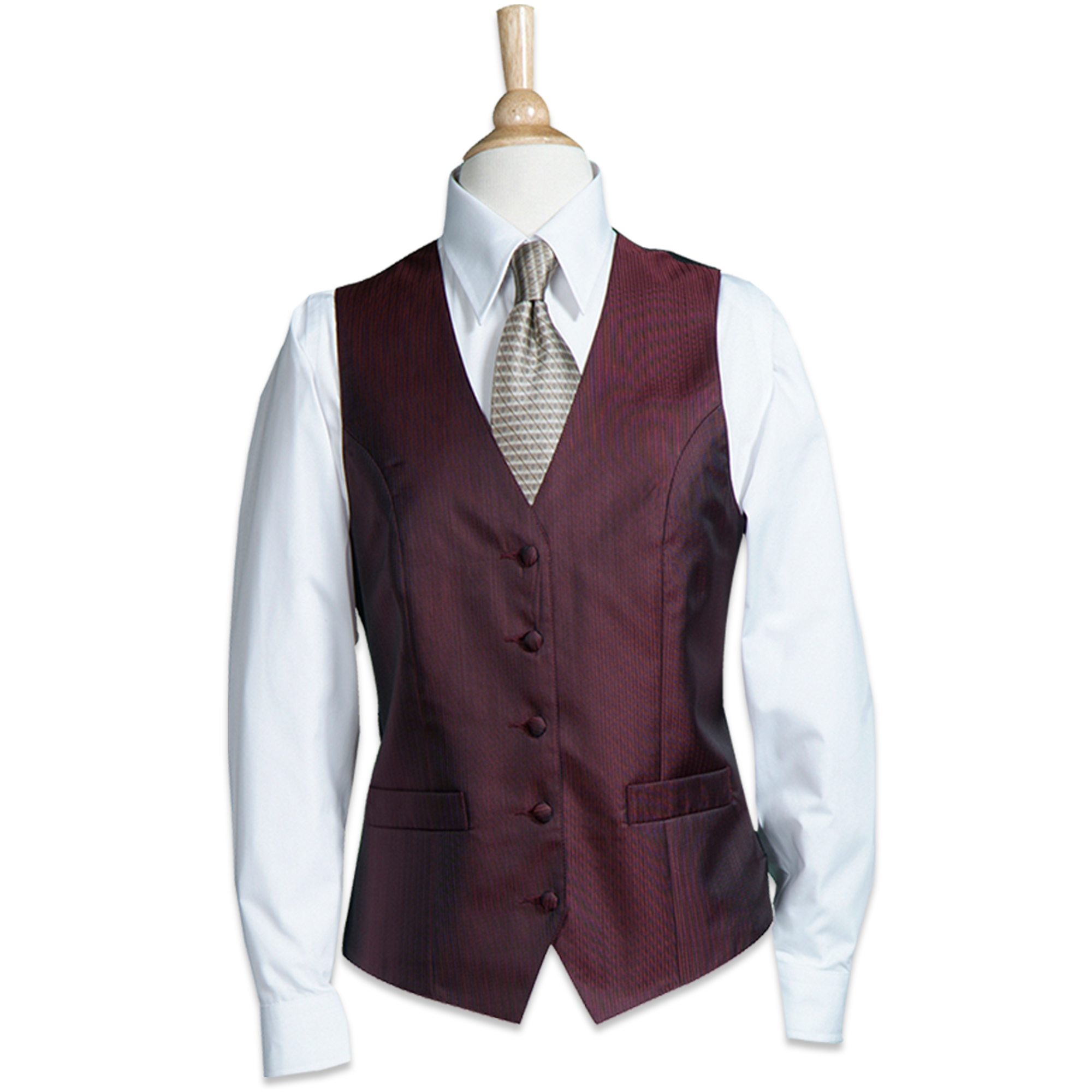 Mannequin torso wearing a white dress shirt, burgundy vest, and patterned tie, without a head against a white background.