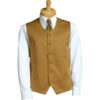 Mannequin torso wearing a tan waistcoat over a white dress shirt and brown tie, against a white background.