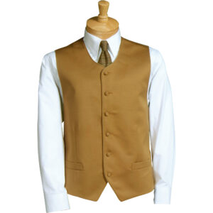 Mannequin torso wearing a tan waistcoat over a white dress shirt and brown tie, against a white background.