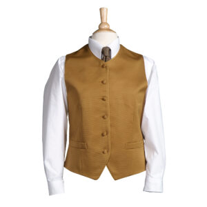 Mannequin torso wearing a tan vest over a white shirt with a patterned tie, displayed against a white background.