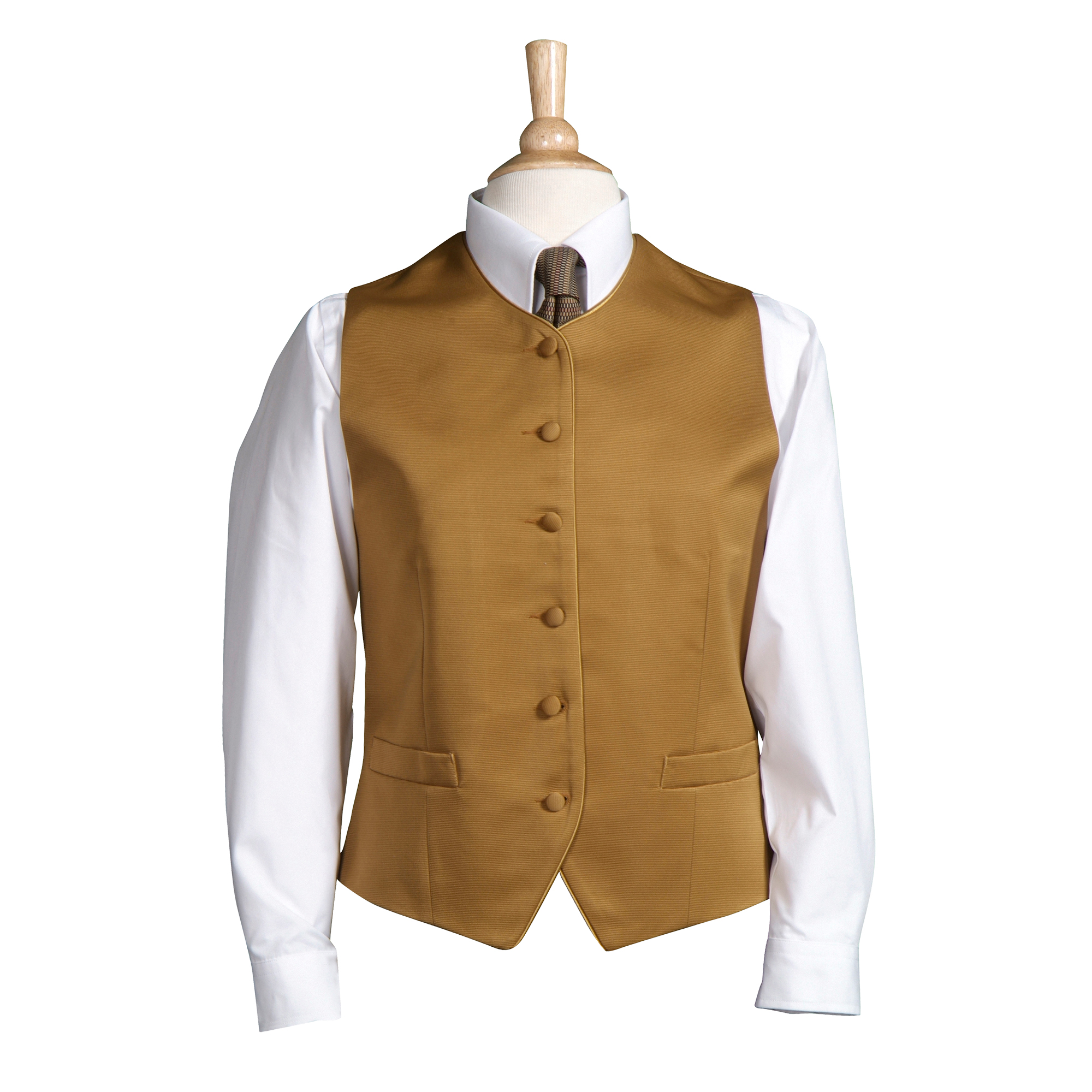 Mannequin torso wearing a tan vest over a white shirt with a patterned tie, displayed against a white background.