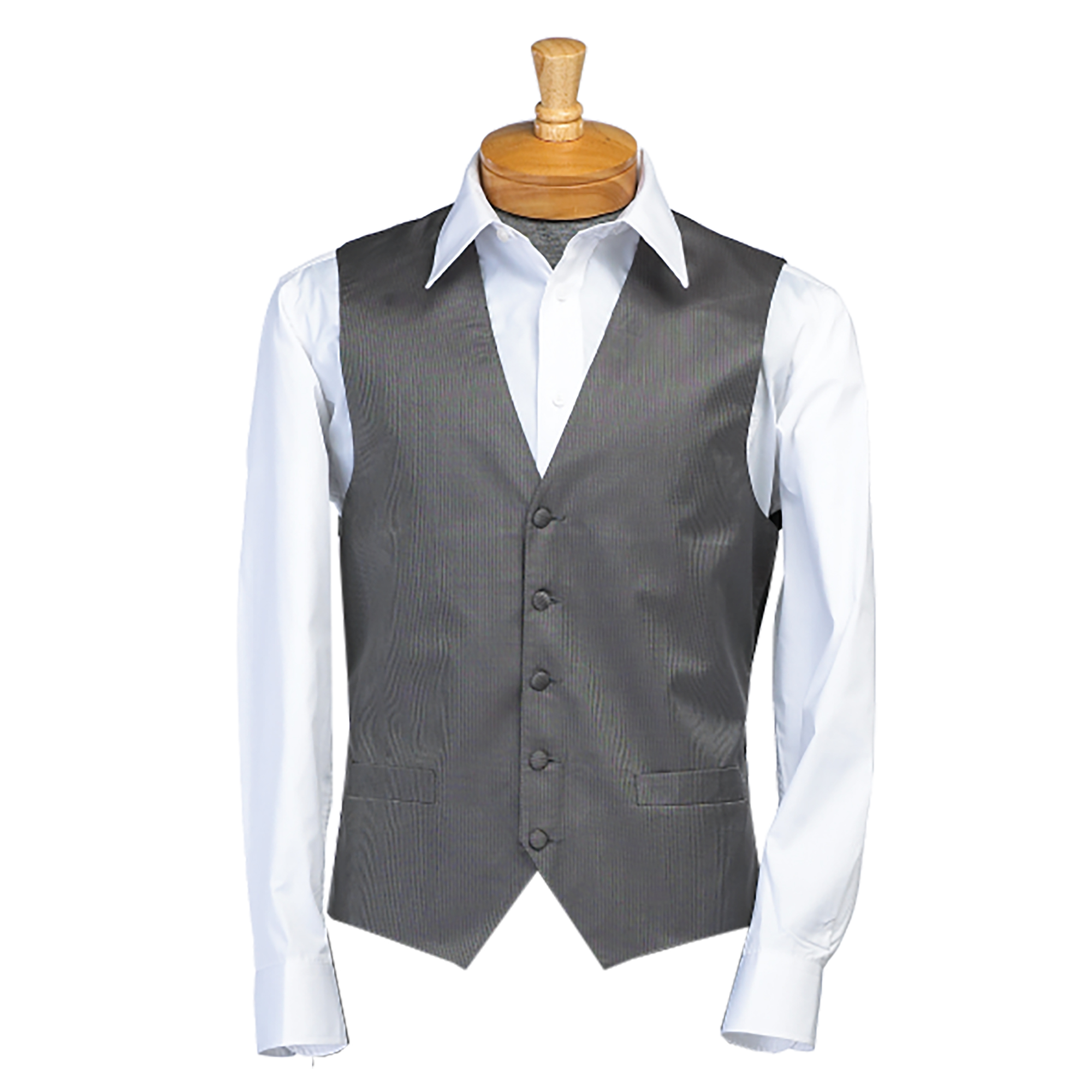 Mannequin torso wearing a white dress shirt and a gray pinstripe waistcoat (vest).