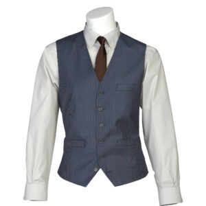 Mannequin torso wearing a white dress shirt with a blue pinstripe waistcoat and brown tie, no head visible.