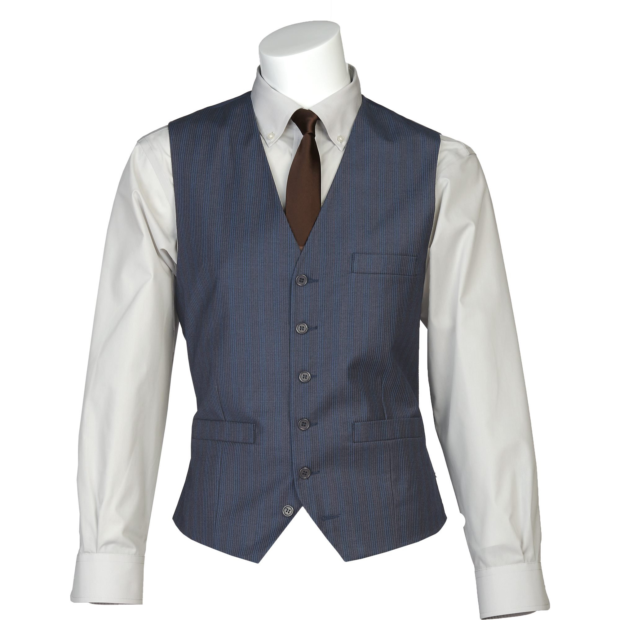 Mannequin torso wearing a white dress shirt with a blue pinstripe waistcoat and brown tie, no head visible.