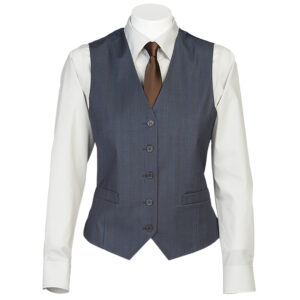 Mannequin wearing a white dress shirt with a brown tie and a navy pinstripe waistcoat (vest).