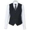 Mannequin wearing a dark pinstripe waistcoat over a white dress shirt and black tie.