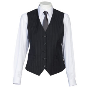 Mannequin wearing a dark pinstripe waistcoat over a white dress shirt and black tie.