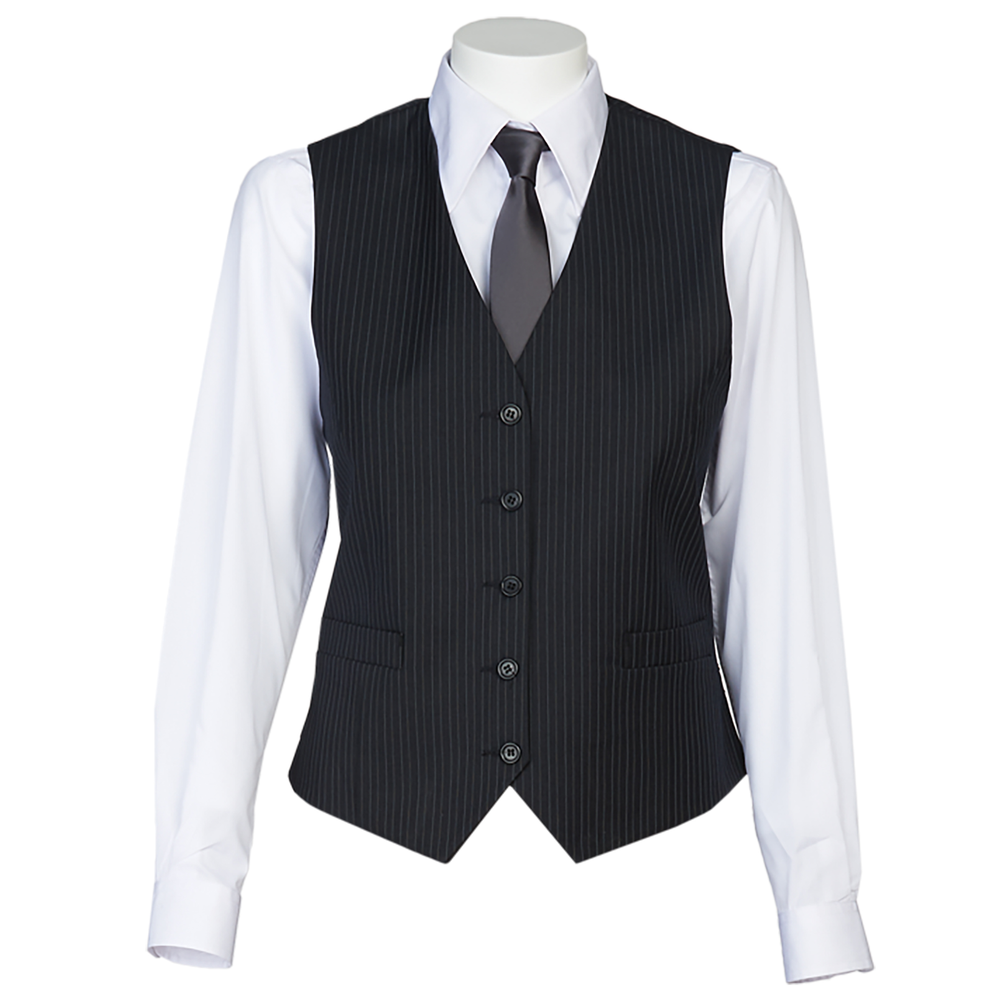 Mannequin wearing a dark pinstripe waistcoat over a white dress shirt and black tie.